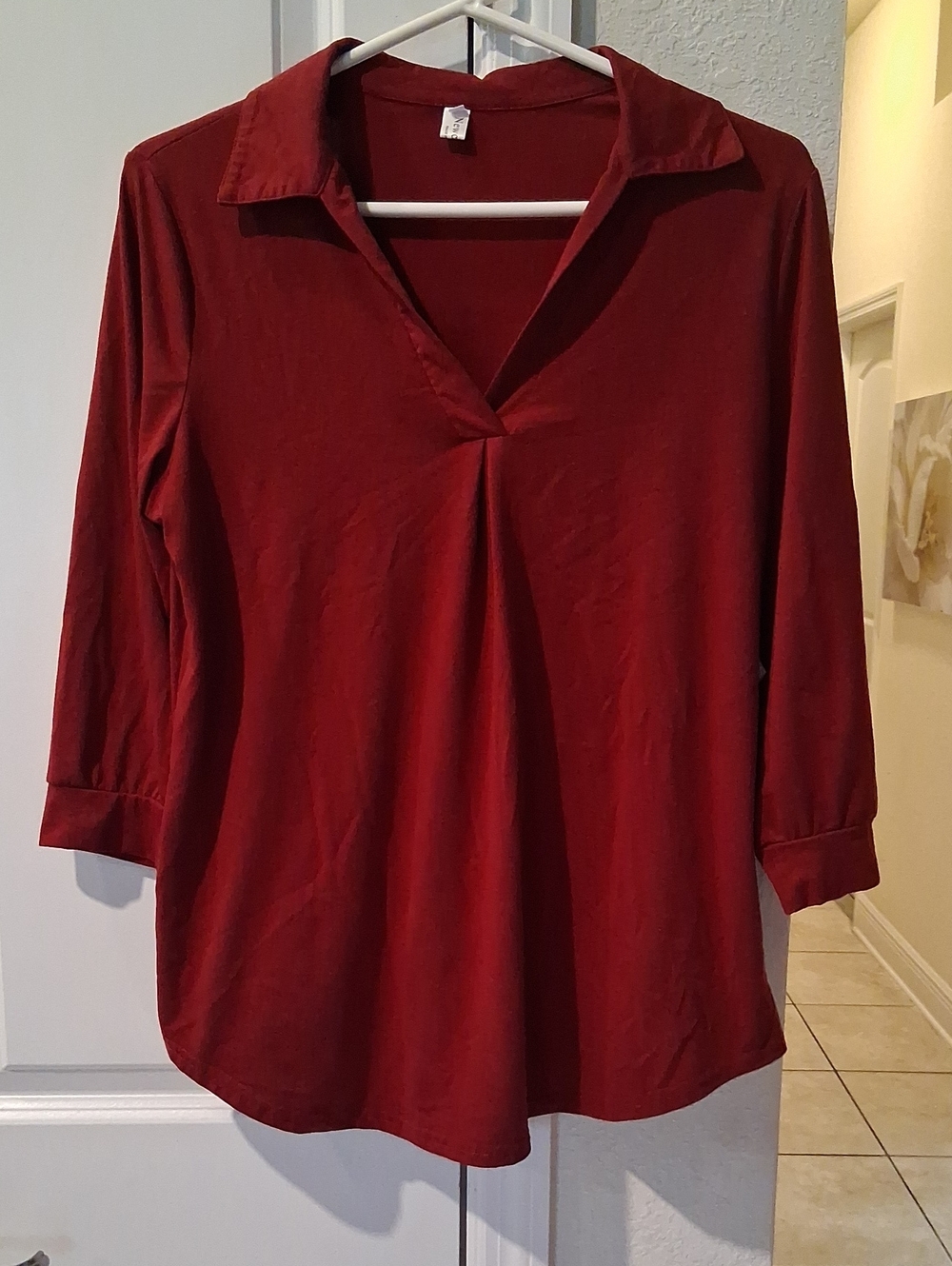 Women's Red V-Neck Collared Pullover Top